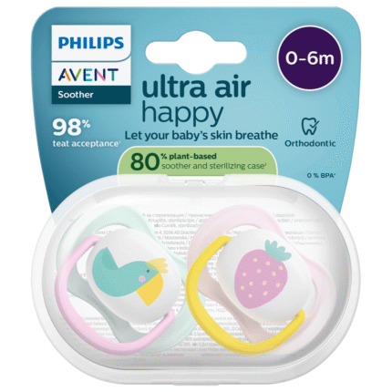 Sucettes en silicone PHILIPS AVENT Ultra Air Happy, rose/menthe, 0-6 mois, 2 pièces