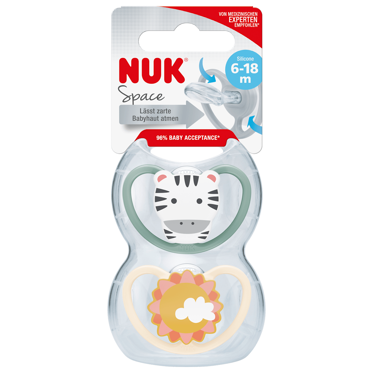 white-15 Sucettes en silicone NUK Space, vert/abricot, 6-18 – Image 1