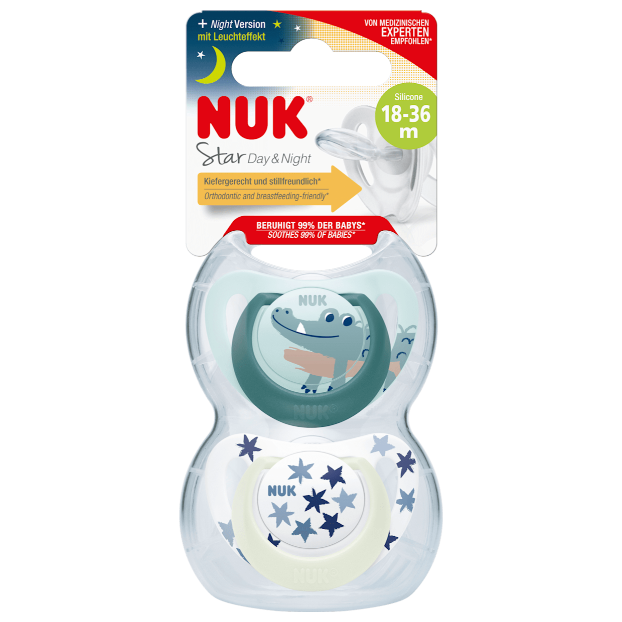 white-20 Sucettes en silicone NUK Star Jour & Nuit, vert/bleu, – Image 1