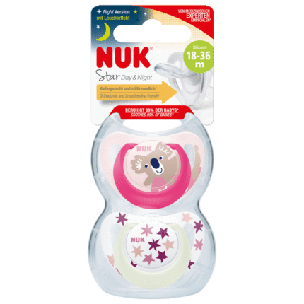 Sucettes en silicone NUK Star Jour & Nuit, rose/blanc,
