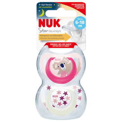 Sucettes en silicone NUK Star Jour & Nuit, rose/blanc,