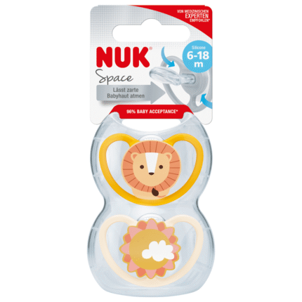 Sucettes en silicone NUK Space, jaune/abricot, 6-18