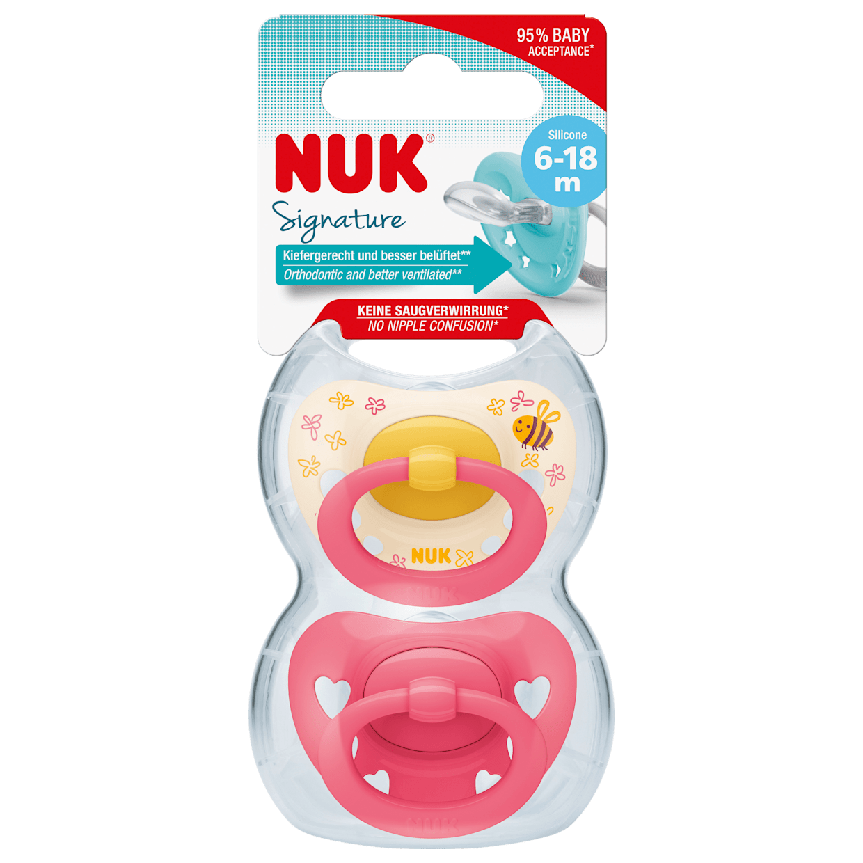 white-29 Sucettes en silicone NUK Signature, jaune/rose, 6-18 – Image 1
