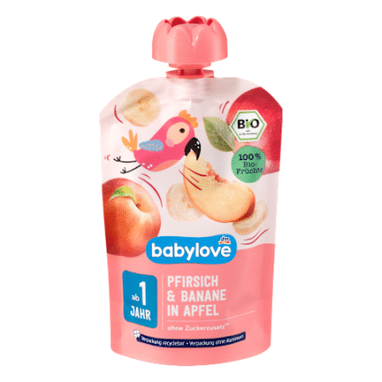 Gourde "Quetschie" babylove Pêche & Banane dans Pomme dès 1 an, 100 g